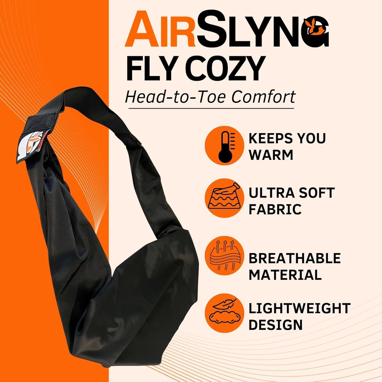 The Slyng travel blanket sling wrapped around a person for airplane sleep support