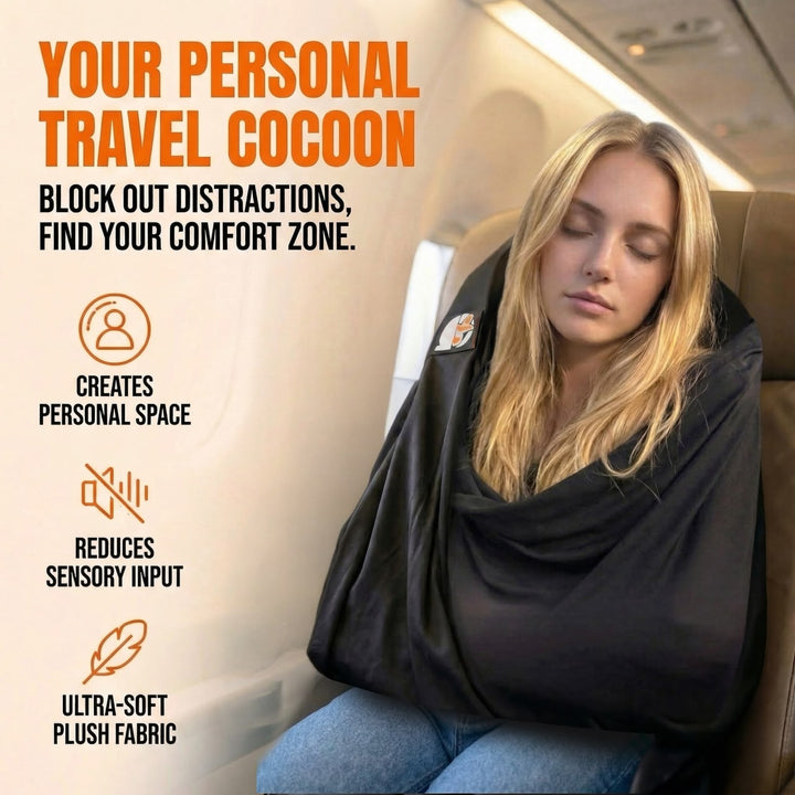 Person resting comfortably using The Slyng blanket sling on a flight