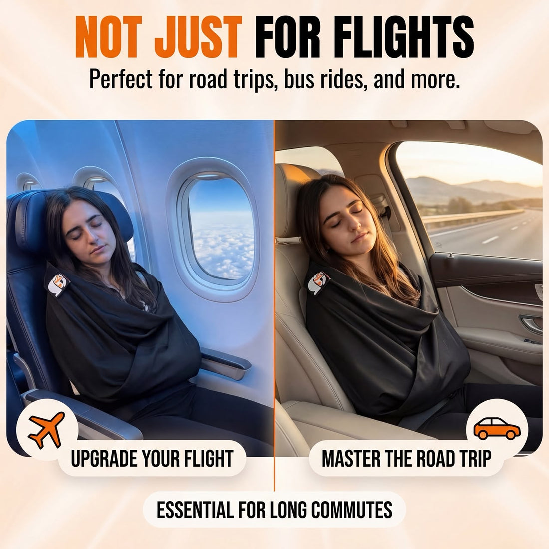 The Slyng blanket sling setup steps shown on an airplane seat