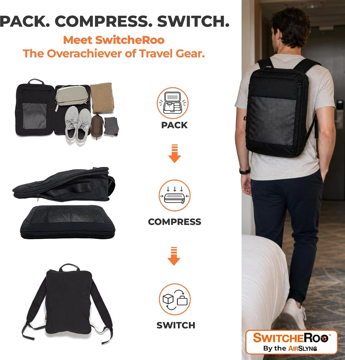 Switcheroo convertible packing cubes set laid out, ready to transform into travel bags